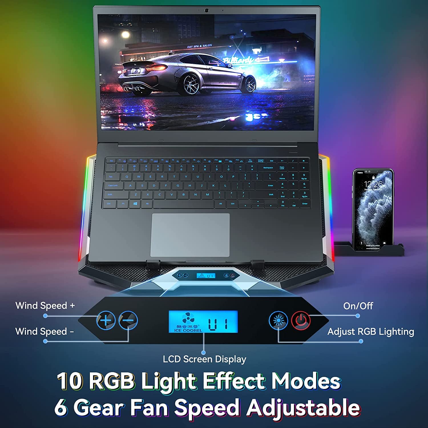 Gaming Laptop Cooling Pad with 8 Cooling Fans, Laptop Cooler Stand with 6 Height Adjustable, RGB Cooling Pad 15-17.3 Inch for Laptop with Two USB Port + Phone Stand