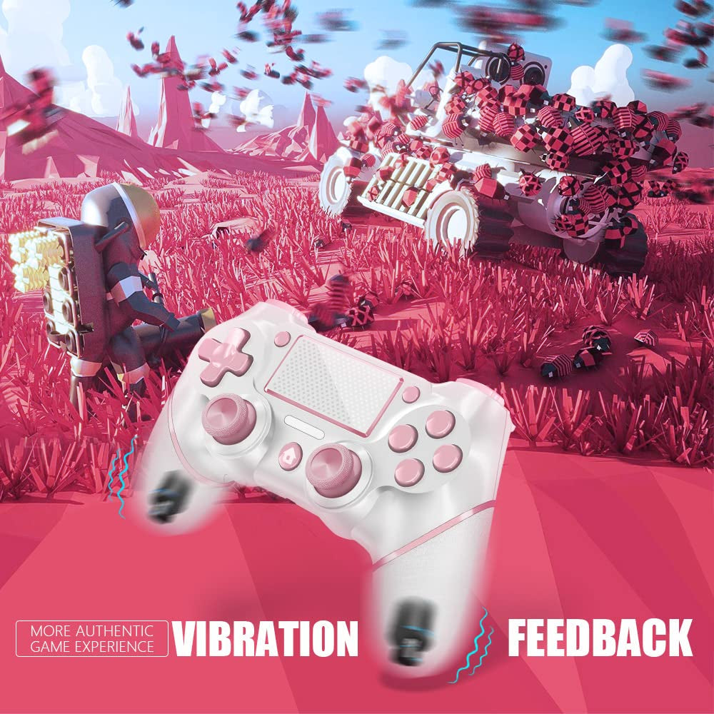 Wireless Controller for PS4, Custom Design V2 Gamepad Joystick for PS4 with Non-Slip Grip of Both Sides and 3.5Mm Audio Jack! Thumb Caps Included! (Pink-White)