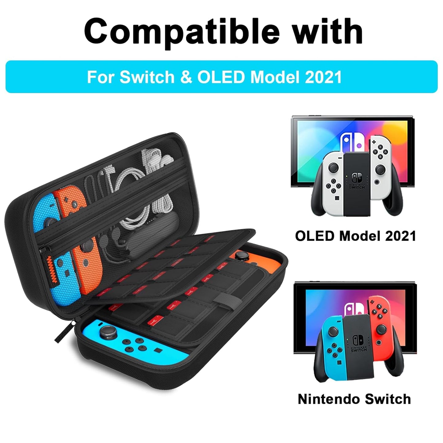 Switch Carrying Case Compatible with Nintendo Switch/Switch OLED, with 20 Games Cartridges Protective Hard Shell Travel Carrying Case Pouch for Console & Accessories, Black