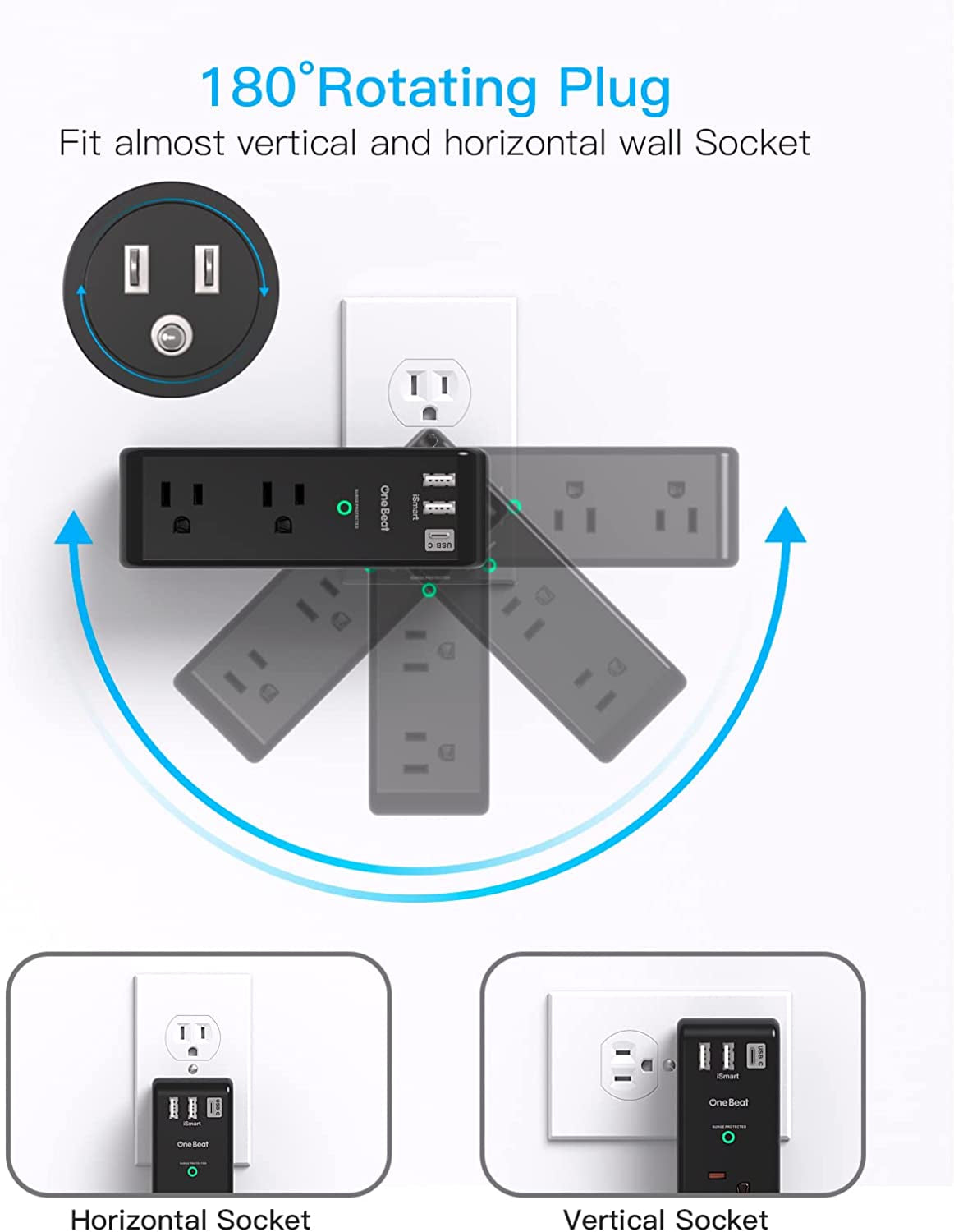 Surge Protector Outlet Extender - with Rotating Plug, 6 AC Multi Plug Outlet with 3 USB Ports (1 USB C), 1800 Joules, 3-Sided Swivel Power Strip with Spaced Outlet Splitter for Dorm, Office, Black