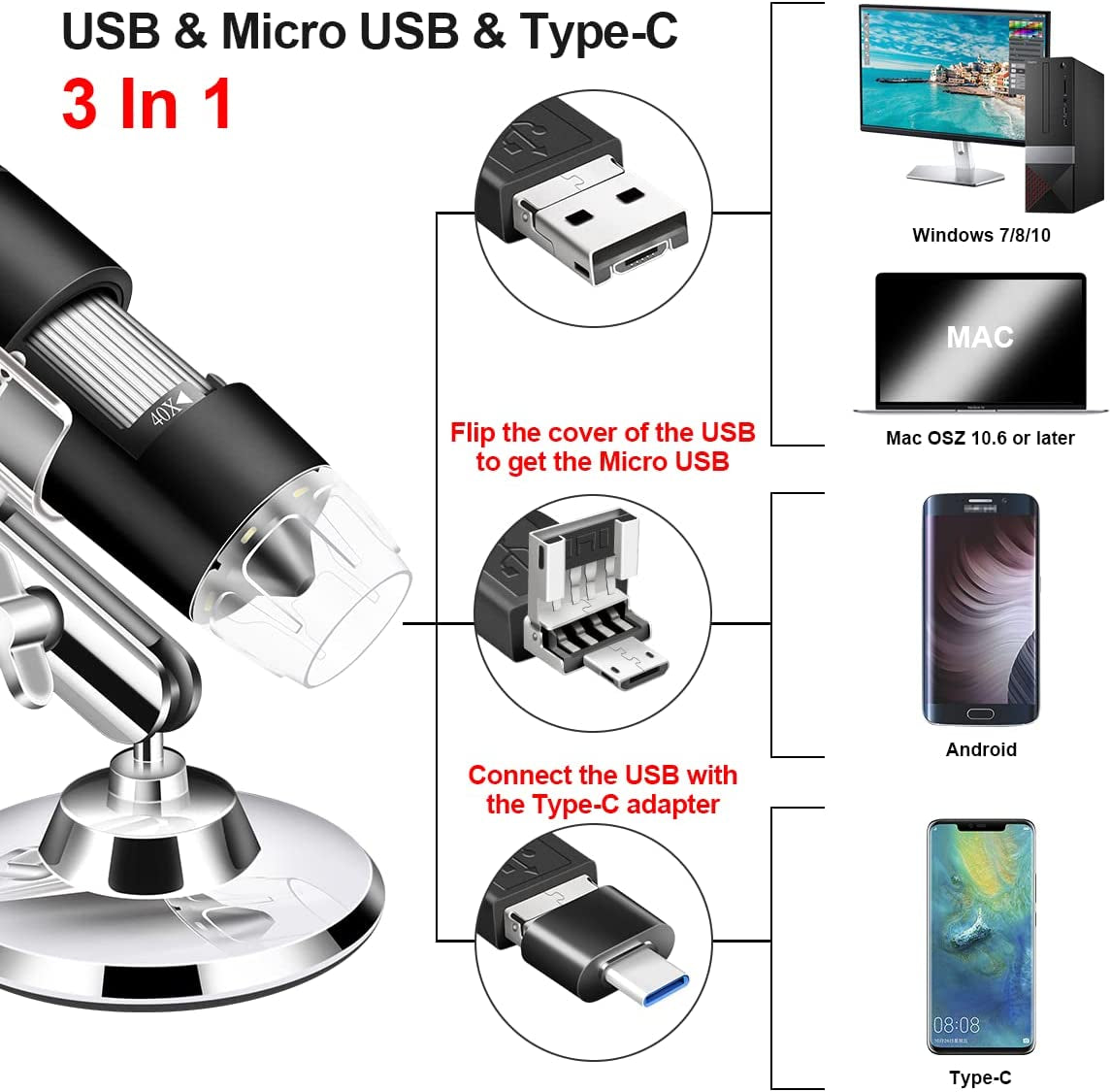 USB Microscope Camera 40X to 1000X,  Digital Microscope with Metal Stand & Carrying Case, Compatible with Android Windows Linux Mac, Portable Microscope Camera for Kids Students Adults