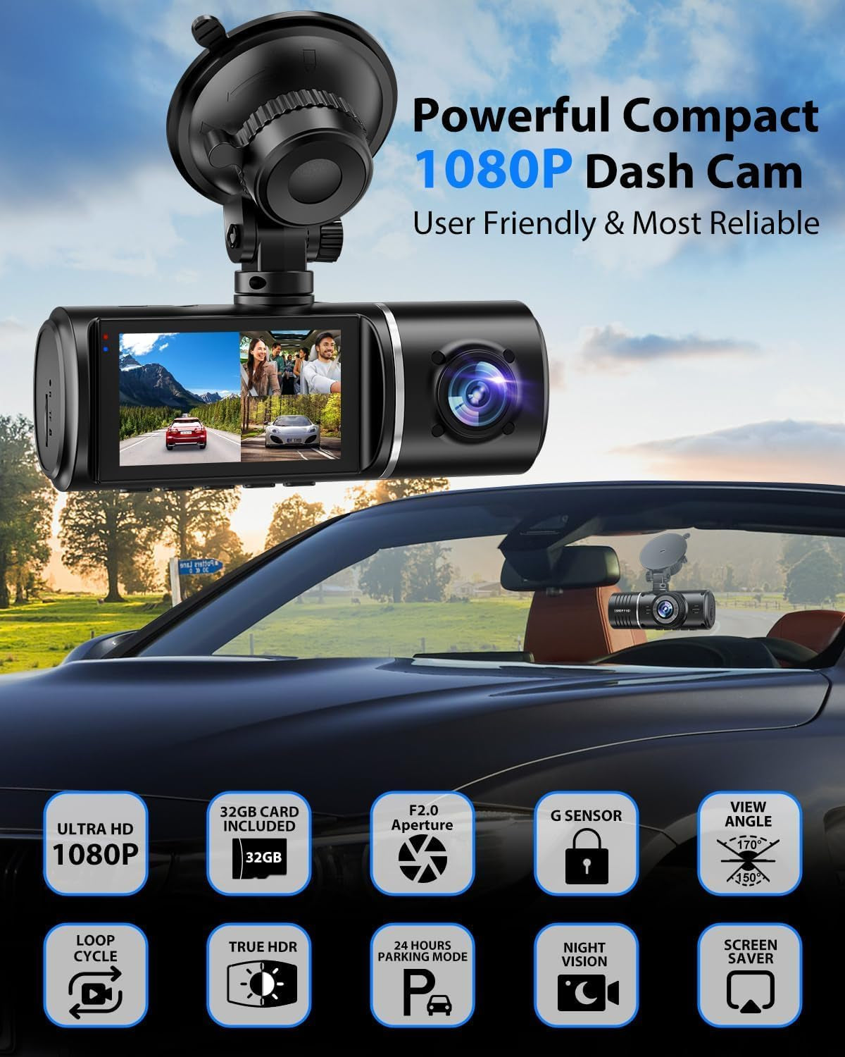 Dash Cam, 3 Channel Dash Cam, 1080P Dash Cam Front and Inside, Triple Dash Cam, Dash Camera with 32GB Card, HDR, G-Sensor, 24Hr Parking, Loop Recording