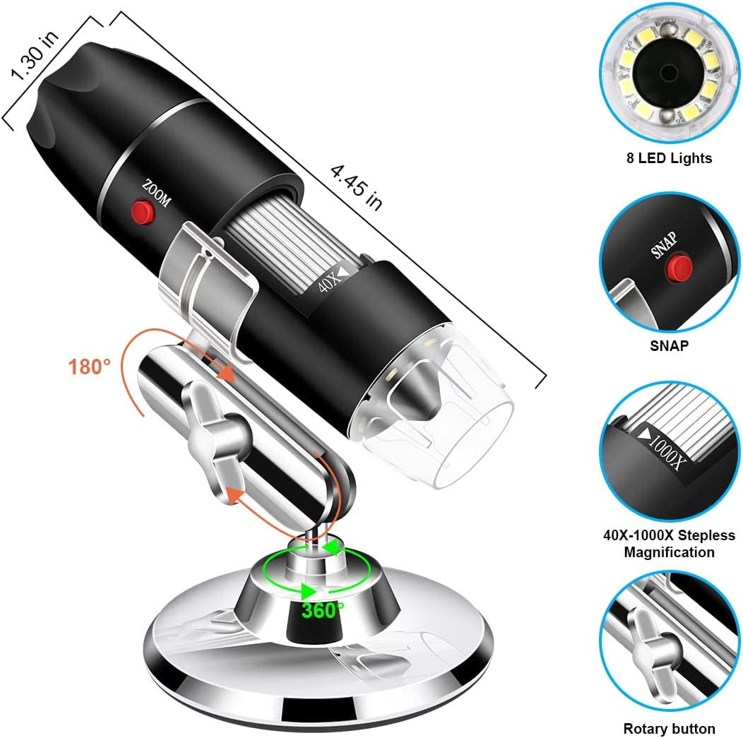 USB Microscope Camera 40X to 1000X,  Digital Microscope with Metal Stand & Carrying Case, Compatible with Android Windows Linux Mac, Portable Microscope Camera for Kids Students Adults