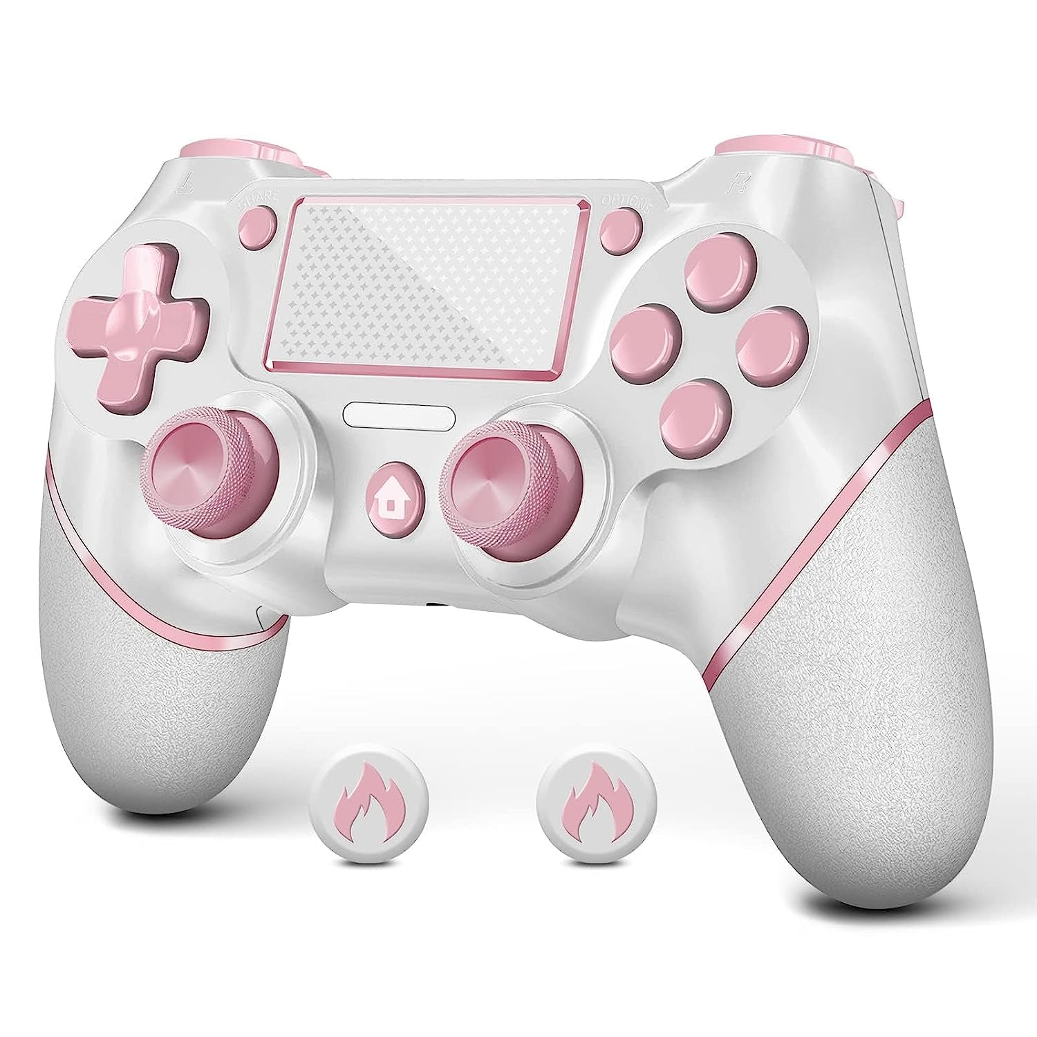 Wireless Controller for PS4, Custom Design V2 Gamepad Joystick for PS4 with Non-Slip Grip of Both Sides and 3.5Mm Audio Jack! Thumb Caps Included! (Pink-White)