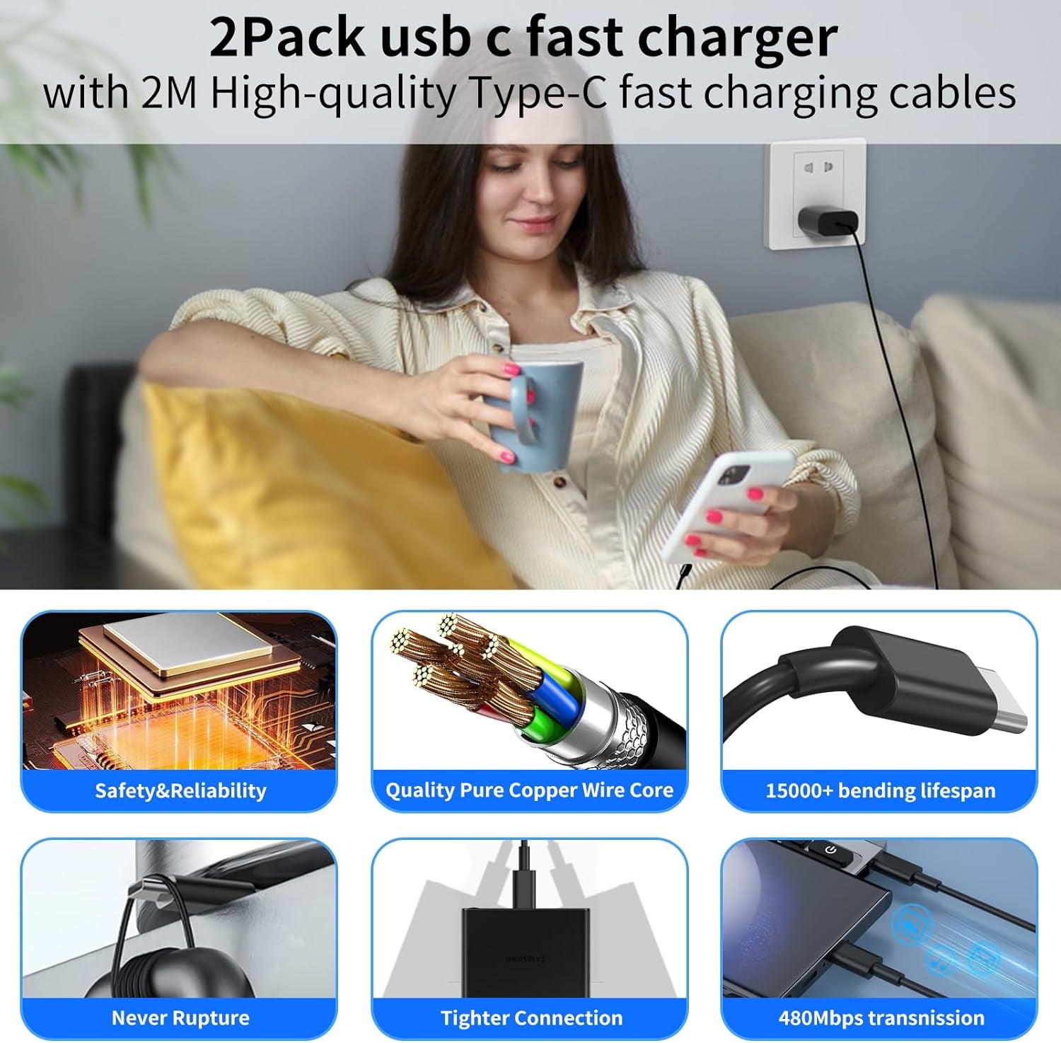 Type C Charger Fast Charging for Samsung 25W Fast Charger, 2-Pack PD/PPS USB C Fast Wall Charger Block with 6FT Type C to Type C Cable for Samsung Galaxy S23/S22/S21/S20/Note 20/Note 10/ Iphone 15