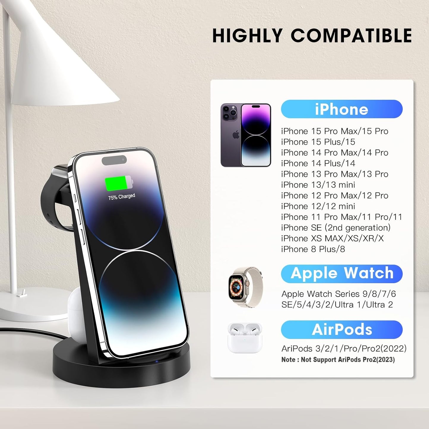 3 in 1 Charging Station for Iphone, Wireless Charger for Iphone 15 14 13 12 11 X Pro Max & Apple Watch - Charging Stand Dock for Airpods 3/2/1/Pro