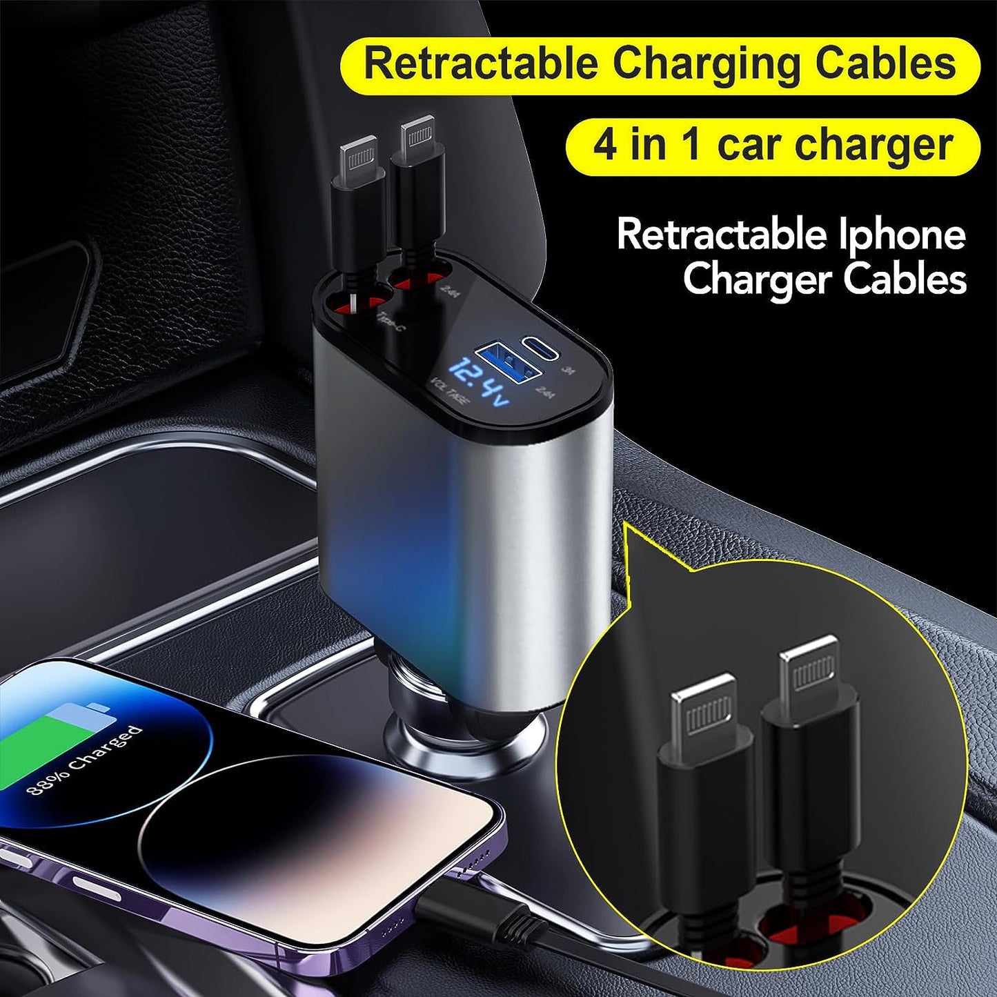 Retractable Car Charger, Fast Car Phone Charger 60W, 2 Retractable Iphone Charger Cables and USB Car Charger, Compatible with Iphone 14/15/13/12/11