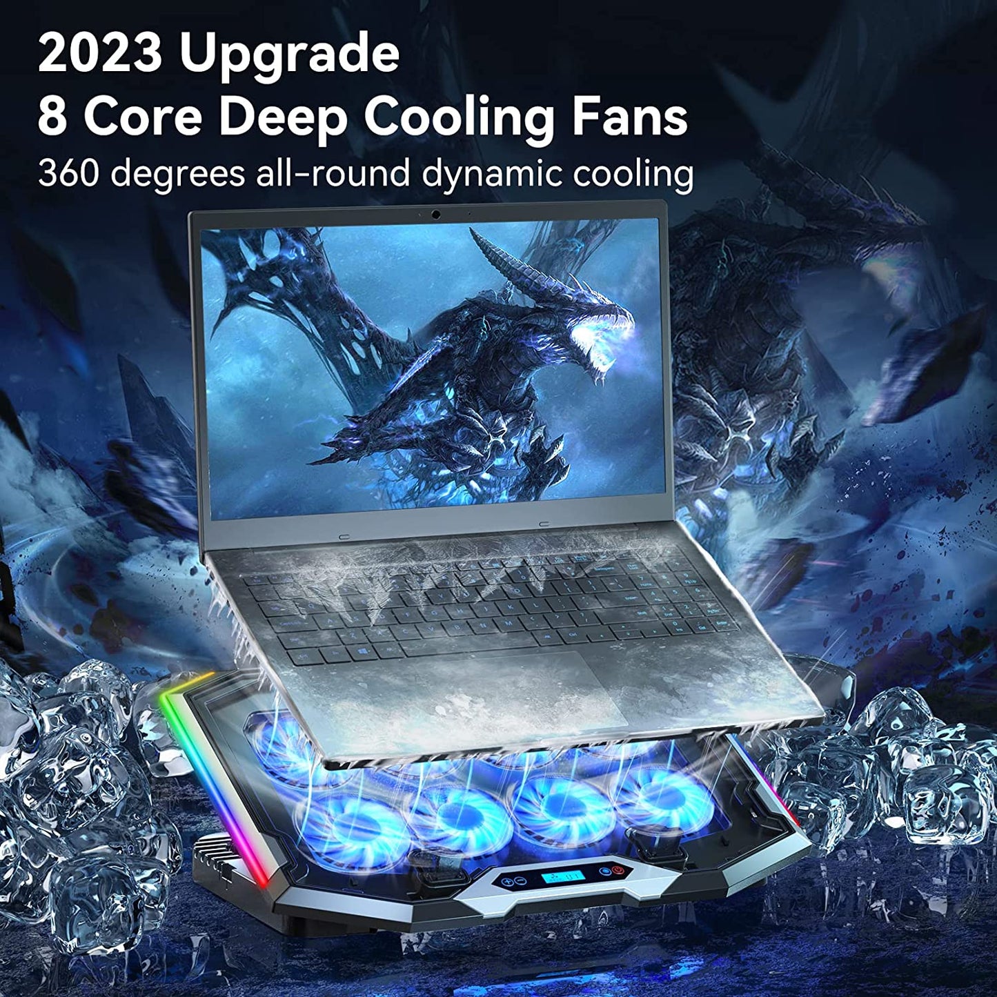 Gaming Laptop Cooling Pad with 8 Cooling Fans, Laptop Cooler Stand with 6 Height Adjustable, RGB Cooling Pad 15-17.3 Inch for Laptop with Two USB Port + Phone Stand