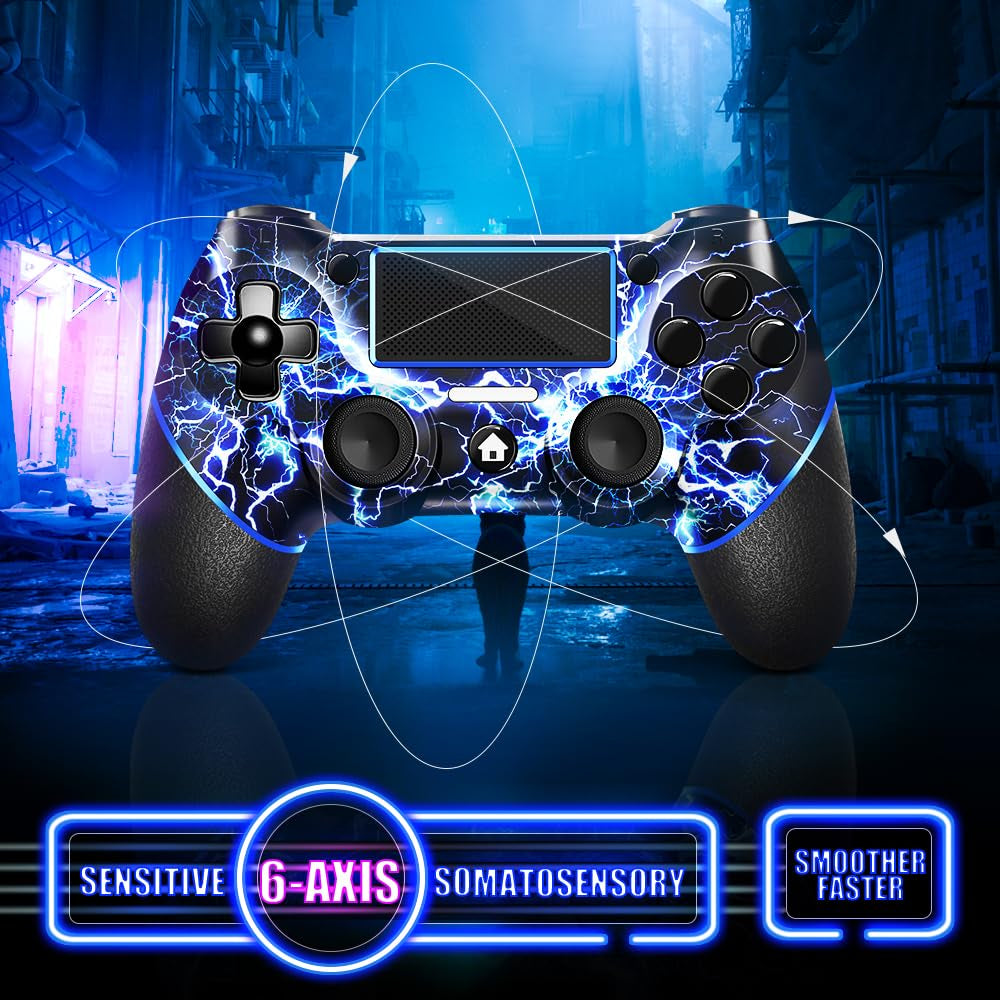 Wireless Controller for PS4, Custom Design V2 Gamepad Joystick for PS4 with Non-Slip Grip of Both Sides and 3.5Mm Audio Jack! Thumb Caps Included! (Lightning)