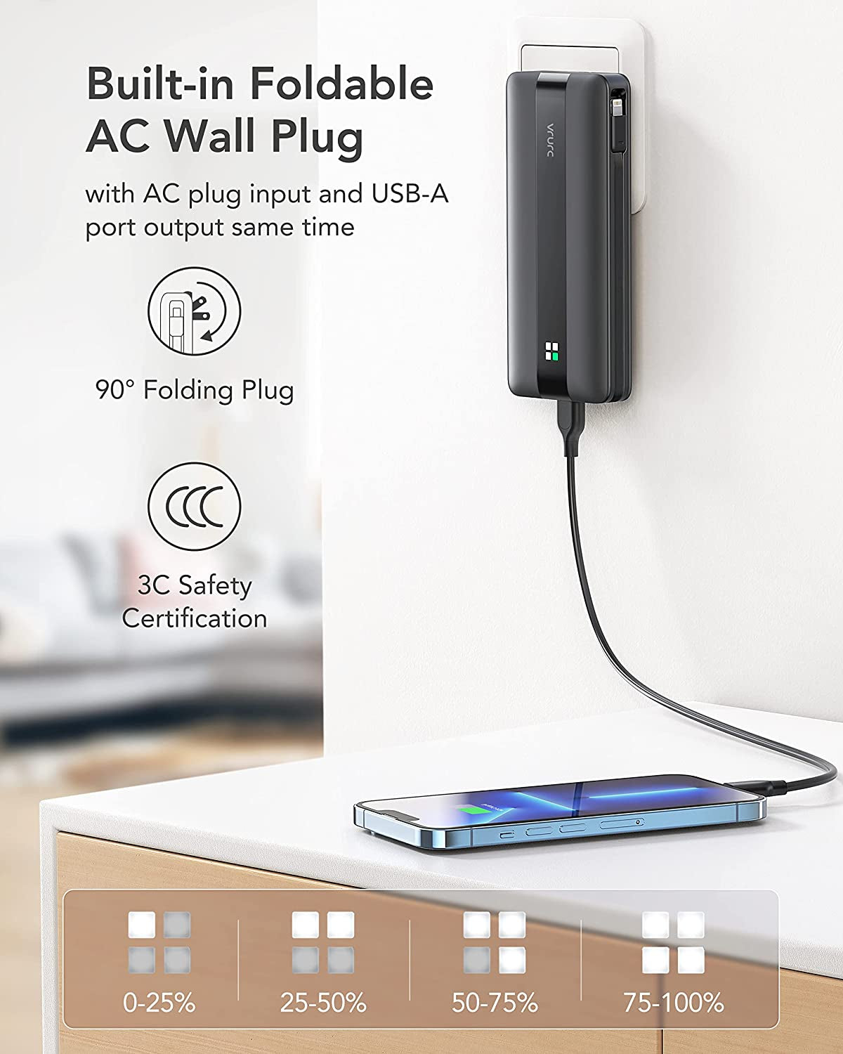 Portable Charger with Built-In Cables & AC Wall Plug,  22.5W Fast Charging 10000Mah Power Bank(Qc4.0 & PD3.0), USB C Battery Pack with 4 Output 2 Input, Compatible with Iphone Samsung Android Etc