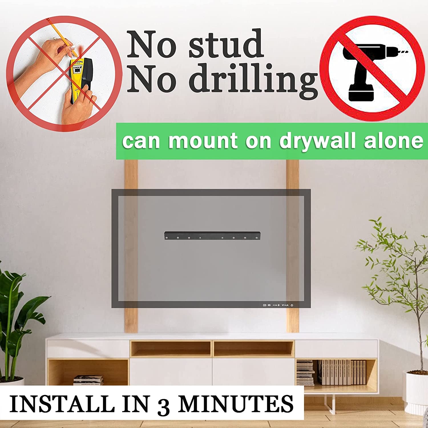 No Stud TV Wall Mount, Drywall Studless TV Hanger No Damage, No Drill, Non Screws, Flat Screen Easy Install Bar Bracket Fits VESA 12-55 Inch Tvs up to 99 Lbs, Include Hardware Levels