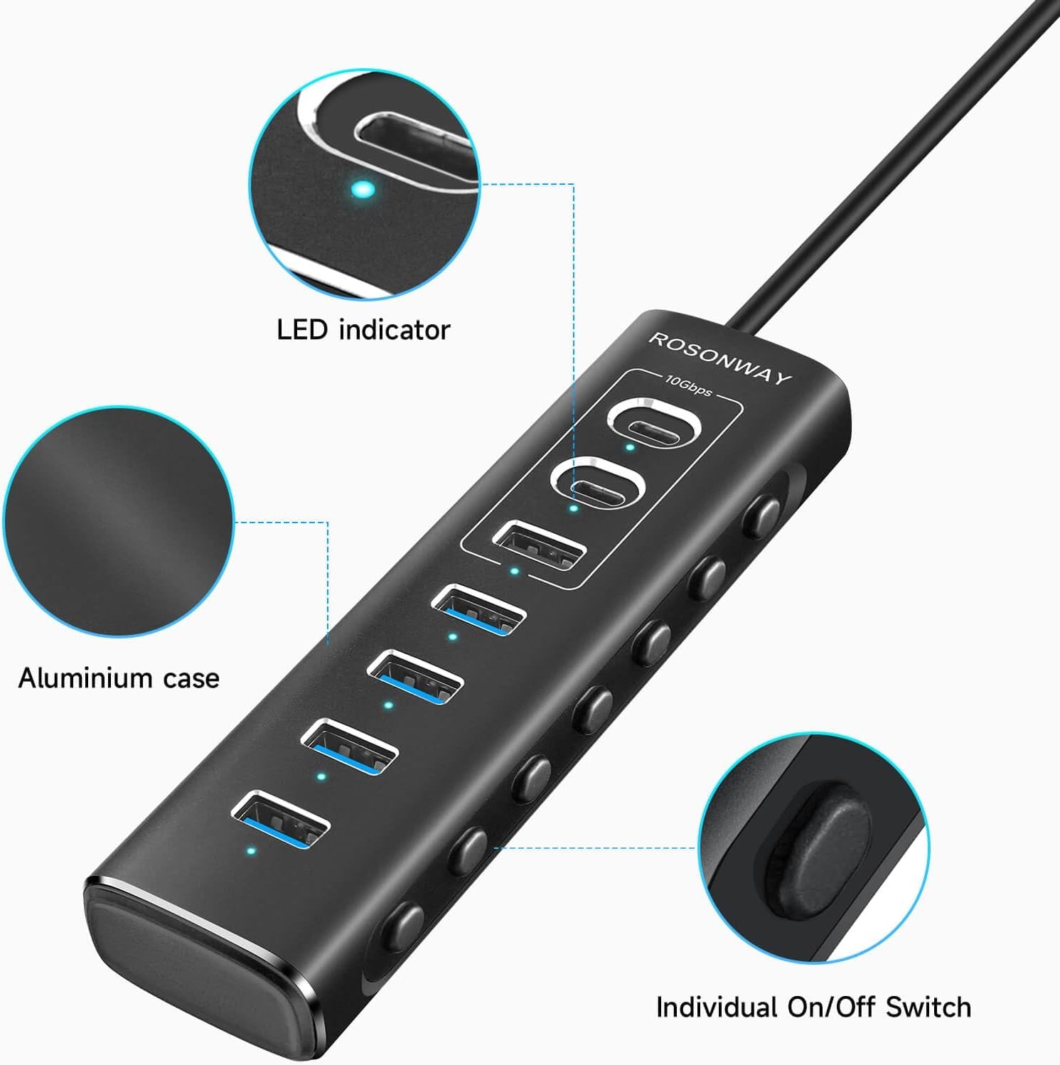 Powered USB Hub,  7-Port USB 3.2/USB C Hub with 10Gbps USB-A 3.2, 2 USB-C 3.2, 4 USB 3.0 Ports, Individual Switches and 12V Power Adapter, Aluminum USB Port Expander for Laptop/Pc, RSH-A107C