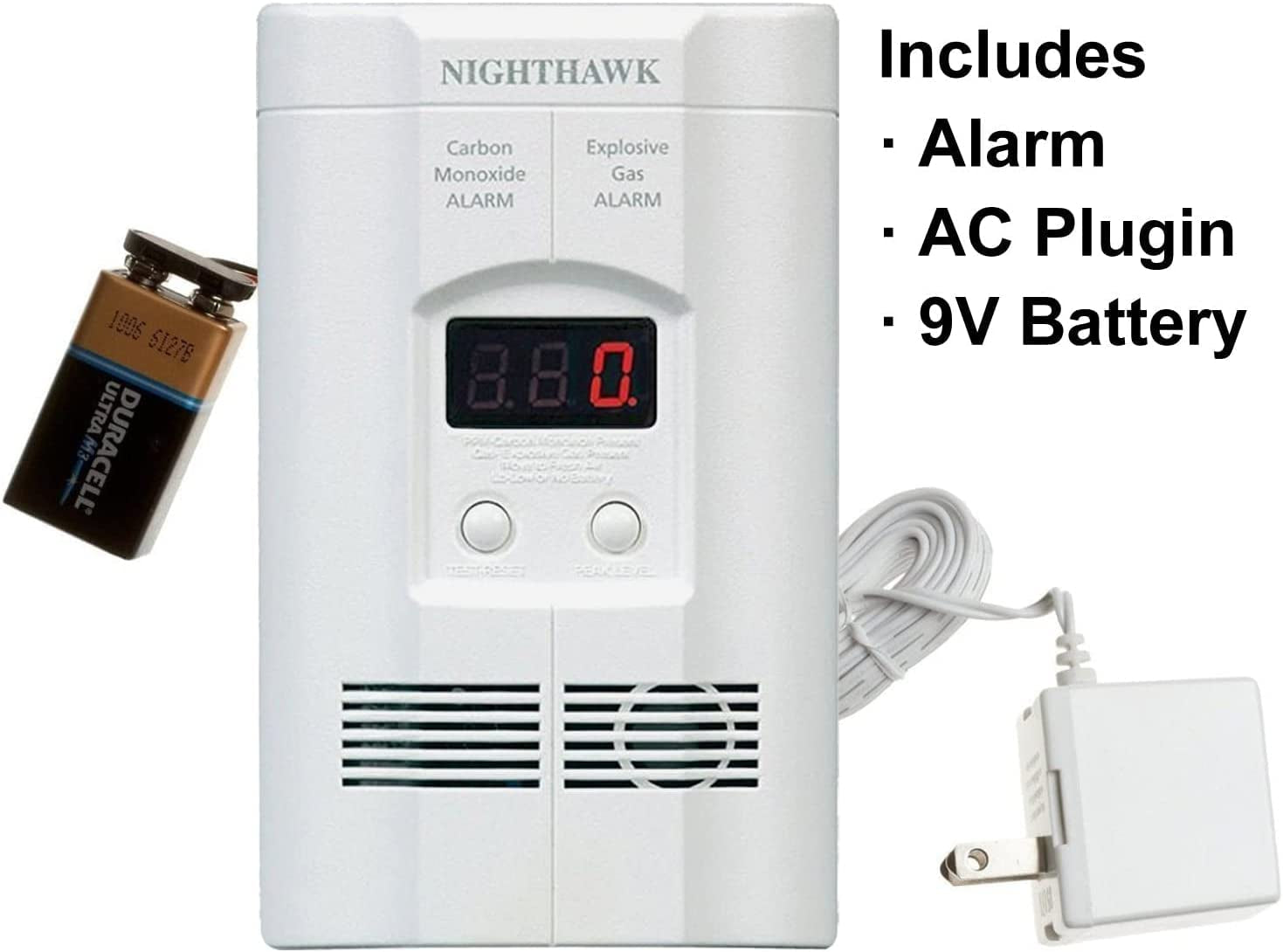 Carbon Monoxide Detector, Propane, Natural, Methane, & Explosive Gas Alarm, Plug-In Wall with 9-Volt Battery Backup, Digital LED Display