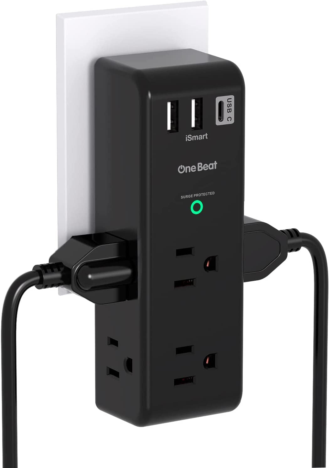 Surge Protector Outlet Extender - with Rotating Plug, 6 AC Multi Plug Outlet with 3 USB Ports (1 USB C), 1800 Joules, 3-Sided Swivel Power Strip with Spaced Outlet Splitter for Dorm, Office, Black