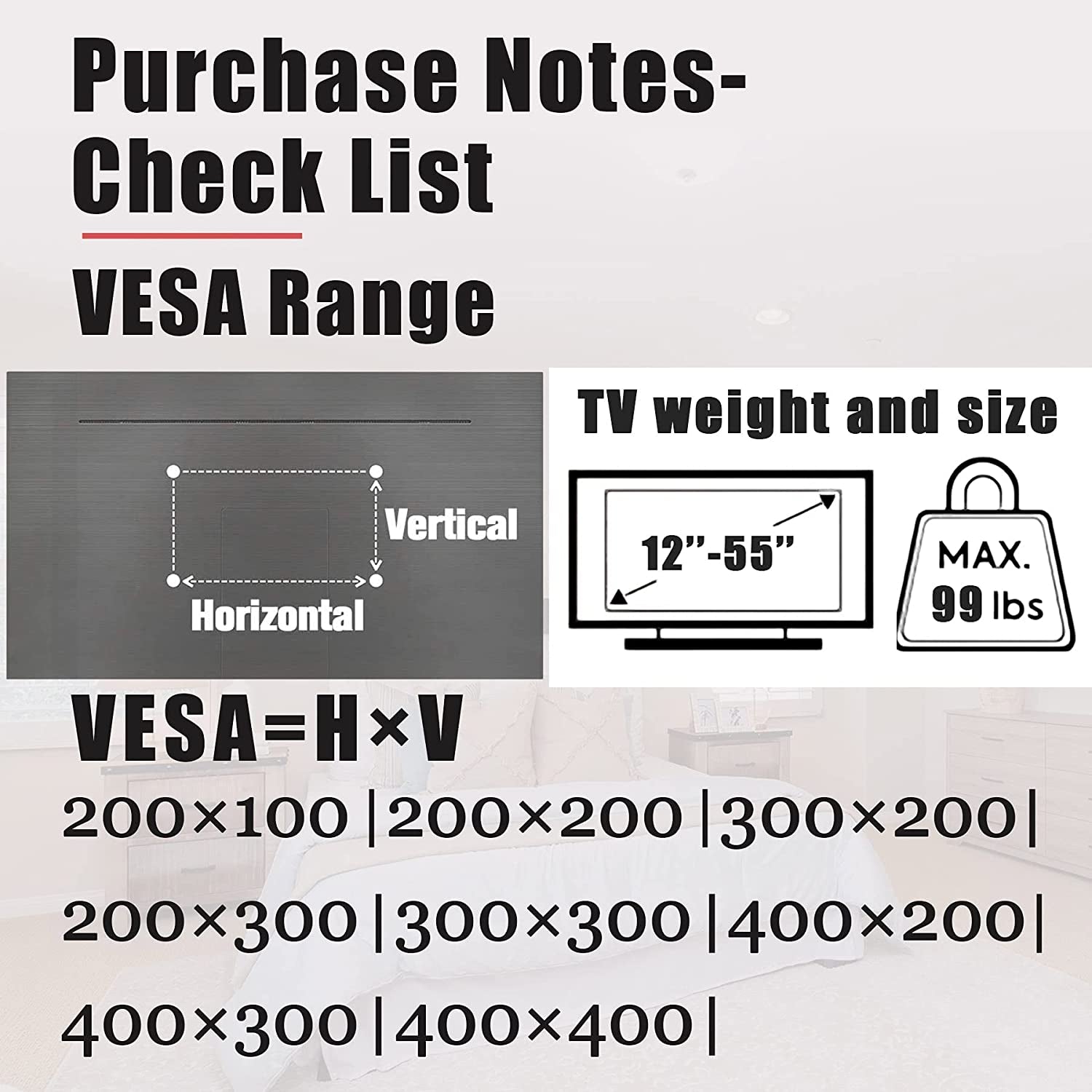 No Stud TV Wall Mount, Drywall Studless TV Hanger No Damage, No Drill, Non Screws, Flat Screen Easy Install Bar Bracket Fits VESA 12-55 Inch Tvs up to 99 Lbs, Include Hardware Levels