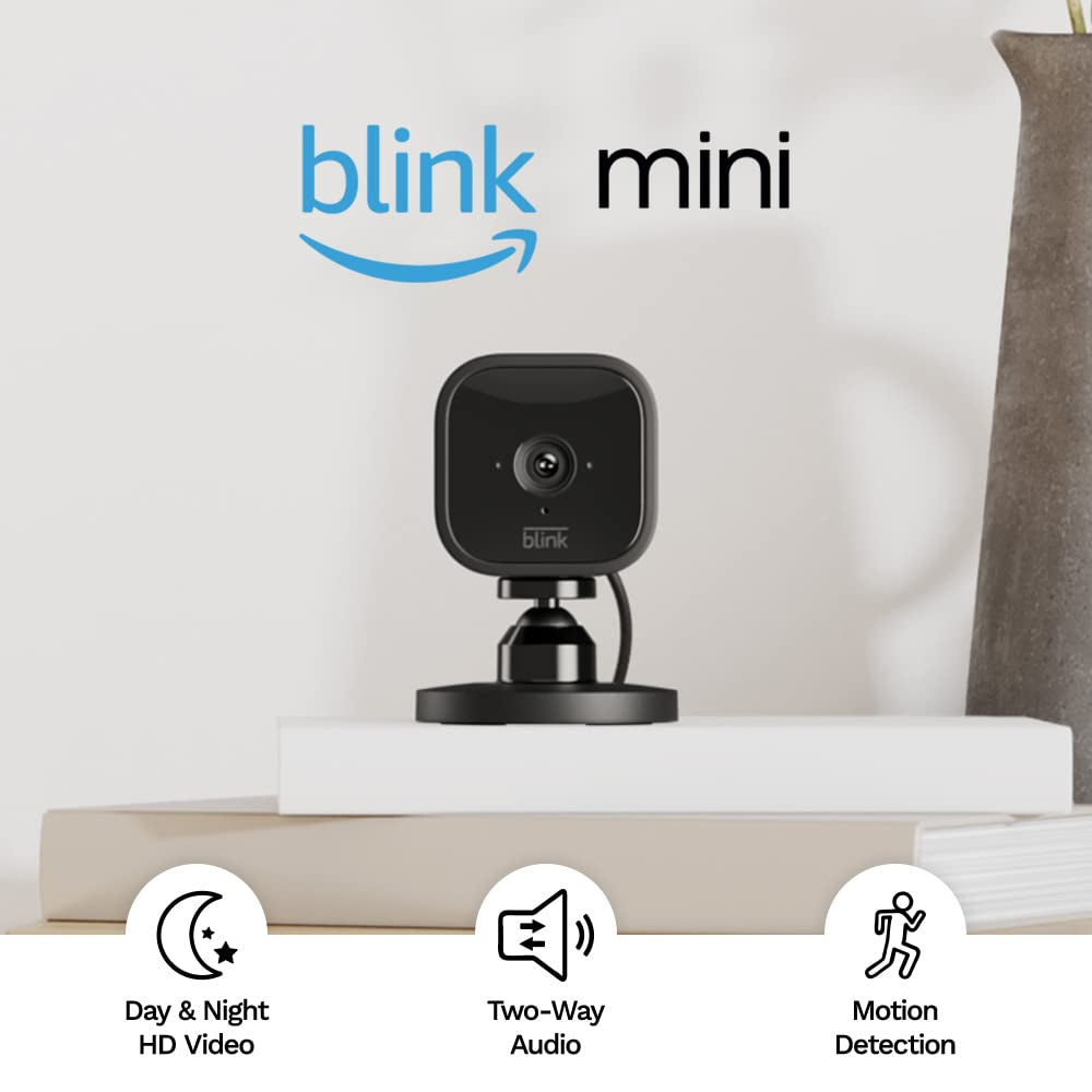 Mini – Compact Indoor Plug-In Smart Security Camera, 1080P HD Video, Night Vision, Motion Detection, Two-Way Audio, Easy Set Up, Works with Alexa – 1 Camera (Black)