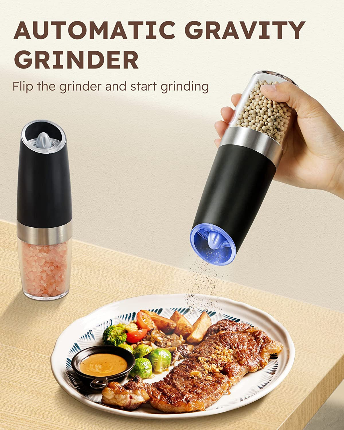 Gravity Electric Pepper and Salt Grinder Mill Automatic Shaker Grinder with LED Light, Battery Powered Adjustable Coarseness One Hand Operation, Upgraded Larger Capacity, 1Pc