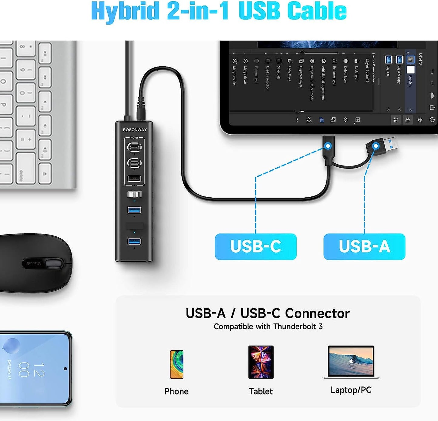 Powered USB Hub,  7-Port USB 3.2/USB C Hub with 10Gbps USB-A 3.2, 2 USB-C 3.2, 4 USB 3.0 Ports, Individual Switches and 12V Power Adapter, Aluminum USB Port Expander for Laptop/Pc, RSH-A107C