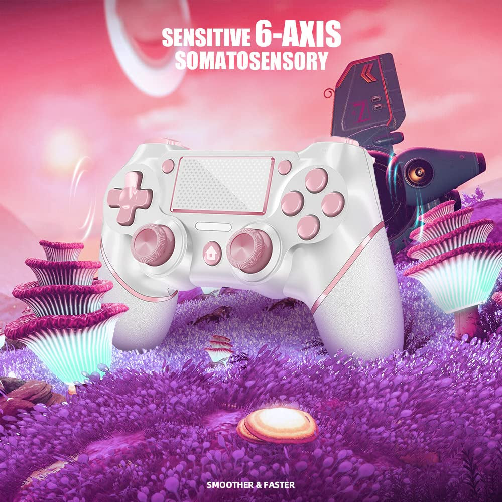 Wireless Controller for PS4, Custom Design V2 Gamepad Joystick for PS4 with Non-Slip Grip of Both Sides and 3.5Mm Audio Jack! Thumb Caps Included! (Pink-White)