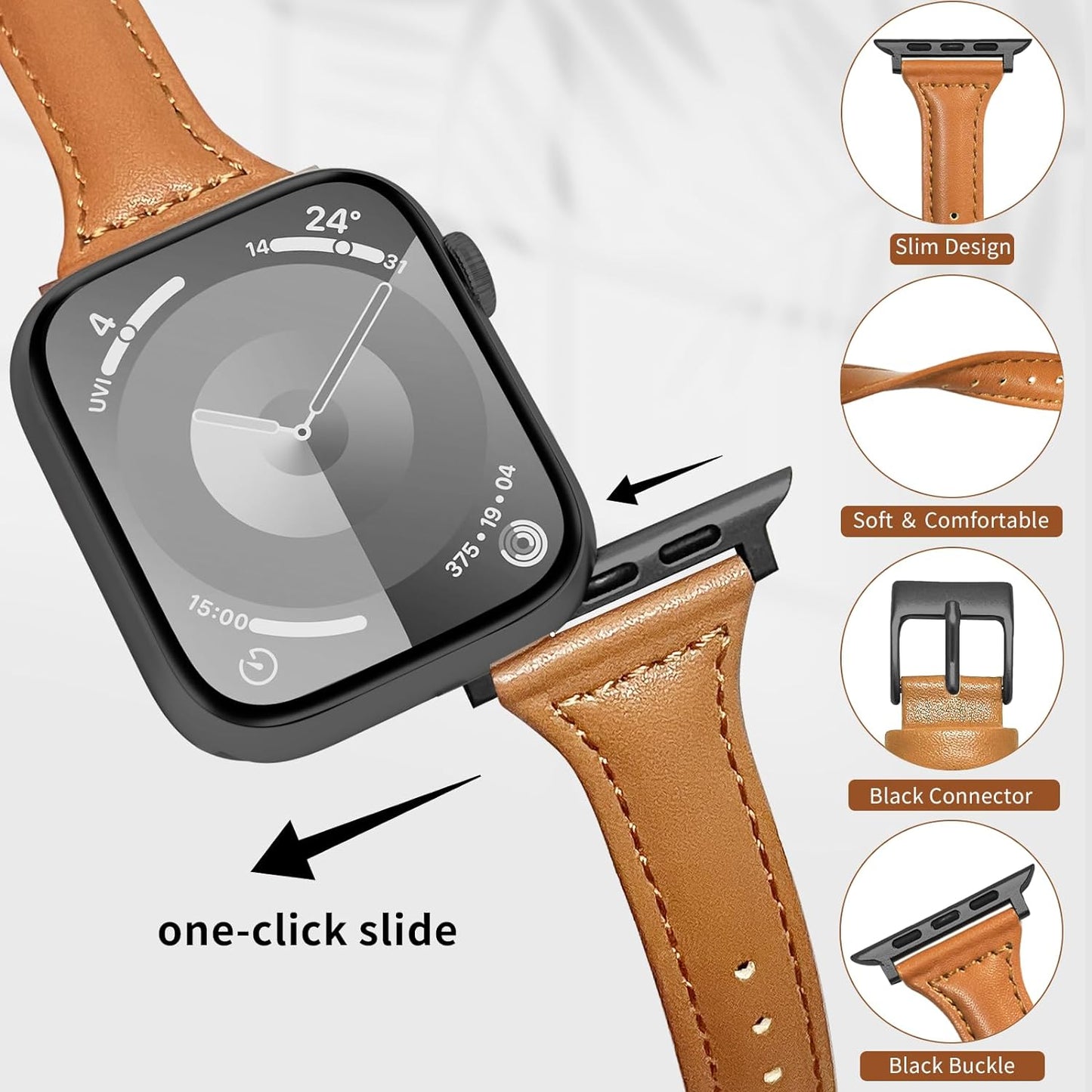 2-Pack Slim Leather Band Compatible with Apple Watch Band 40Mm 41Mm 38Mm 42Mm 44Mm 45Mm 49Mm, Top Premium Layer Leather Strap Thin Apple Watch Bands for Iwatch Series 9 8 7 6 5 4 3 2 1 SE