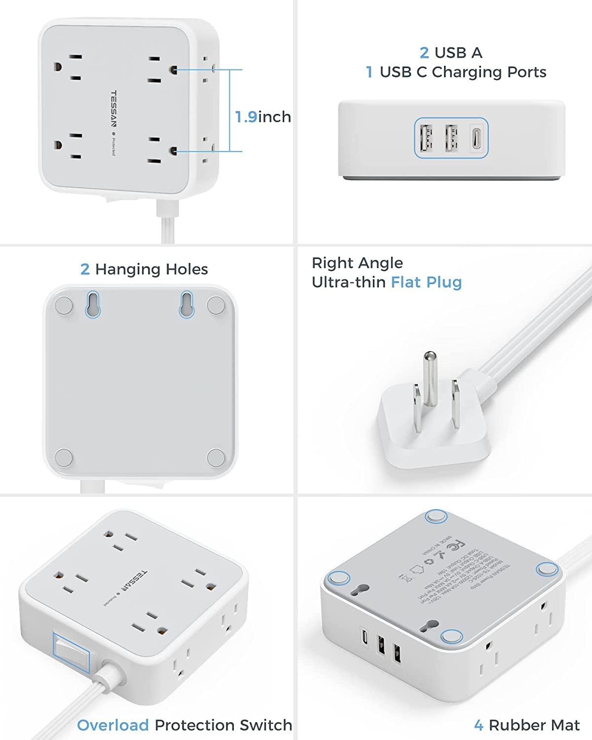 Power Strip Surge Protector 10 Ft Cord, 8 AC Outlets, 3 USB Charger(1 USB C Port), Ultra Thin Extension Cord, Flat Plug, 900 Joules Protection, Desk Charging Station for Home, Office Essentials