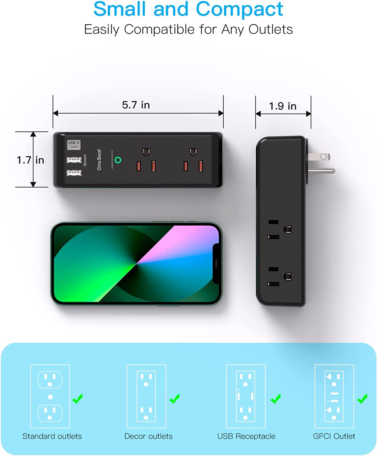 Surge Protector Outlet Extender - with Rotating Plug, 6 AC Multi Plug Outlet with 3 USB Ports (1 USB C), 1800 Joules, 3-Sided Swivel Power Strip with Spaced Outlet Splitter for Dorm, Office, Black