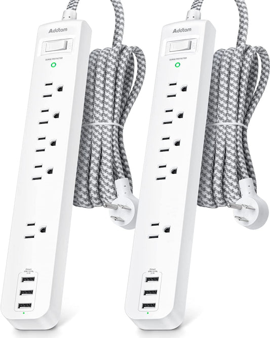 2 Pack Power Strip Surge Protector - 5 Widely Spaced Outlets 3 USB Charging Ports, 1875W/15A with 5Ft Braided Extension Cord, Flat Plug, Overload Surge Protection, Wall Mount for Home Office,White