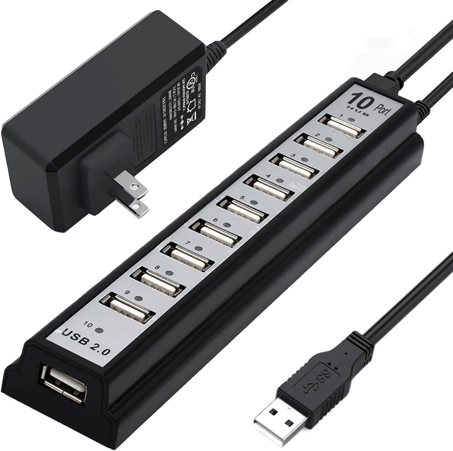 Powered USB Hub 2.0,  10-Port USB Hub USB Extender Splitter (Support Smart Charging + Faster Data Transfer) with Individual LED Indicator Light for Macbook, PC, Laptop, All-In-One