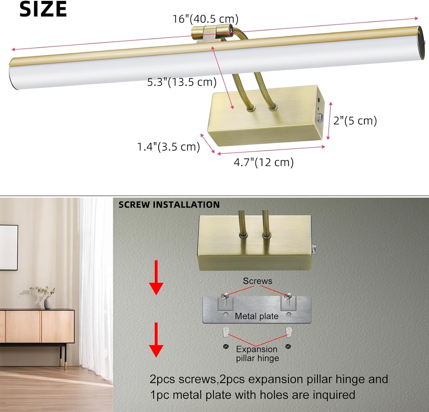 Picture Light, Rechargeable Picture Lights for Paintings,Remote Control Display Art Light with Timer and Dimmable for Painting,Frame, Portrait, Dart Board,L-Antique Brass